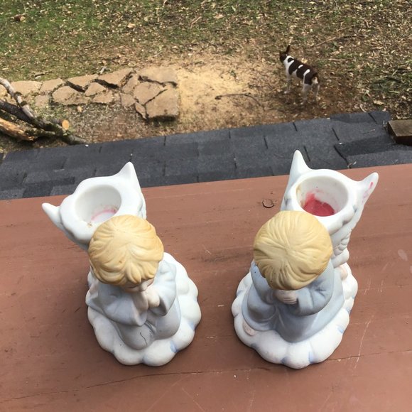 Praying Angels Vintage Taper Holders Matte Ceramic 5” - Picture 4 of 5